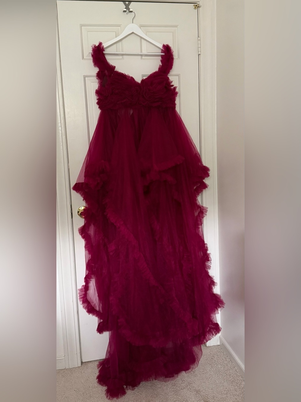 Burgundy Ruffle Maternity Gown Baby Shower Dress Bridal Lingerie Robe - Picture 2 of 2